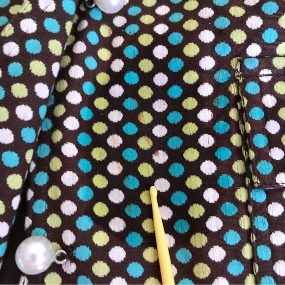 RQT Brown Embroidered White Aqua Polka Dot Pearl Button Jacket Women Size 14 - Picture 12 of 16